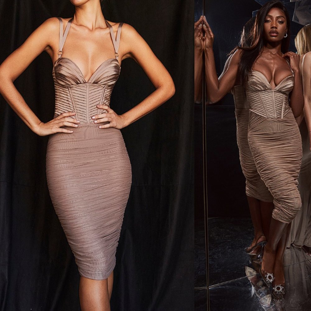 RARE HOUSE OF CB 'Josephine' Taupe Pleated Corset Midi Dress NWOT